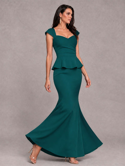 V-Neck Mermaid Satin Ruched Cap Sleeve Pleated Evening Dress