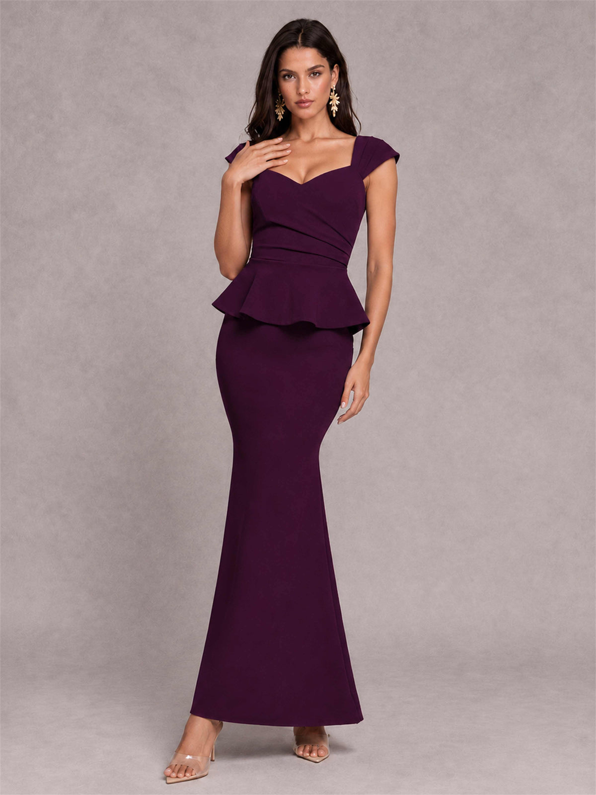 V-Neck Mermaid Satin Ruched Cap Sleeve Pleated Evening Dress