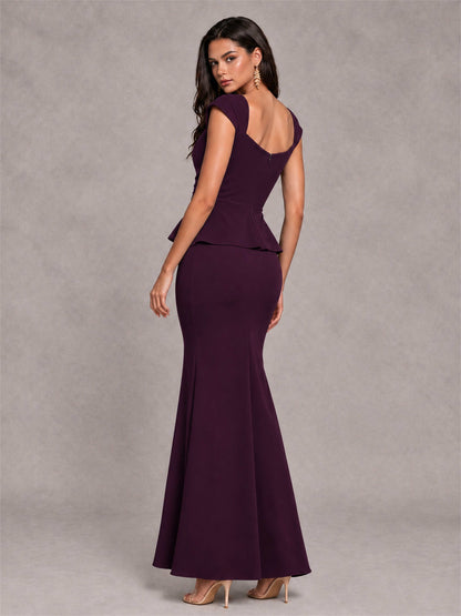 V-Neck Mermaid Satin Ruched Cap Sleeve Pleated Evening Dress
