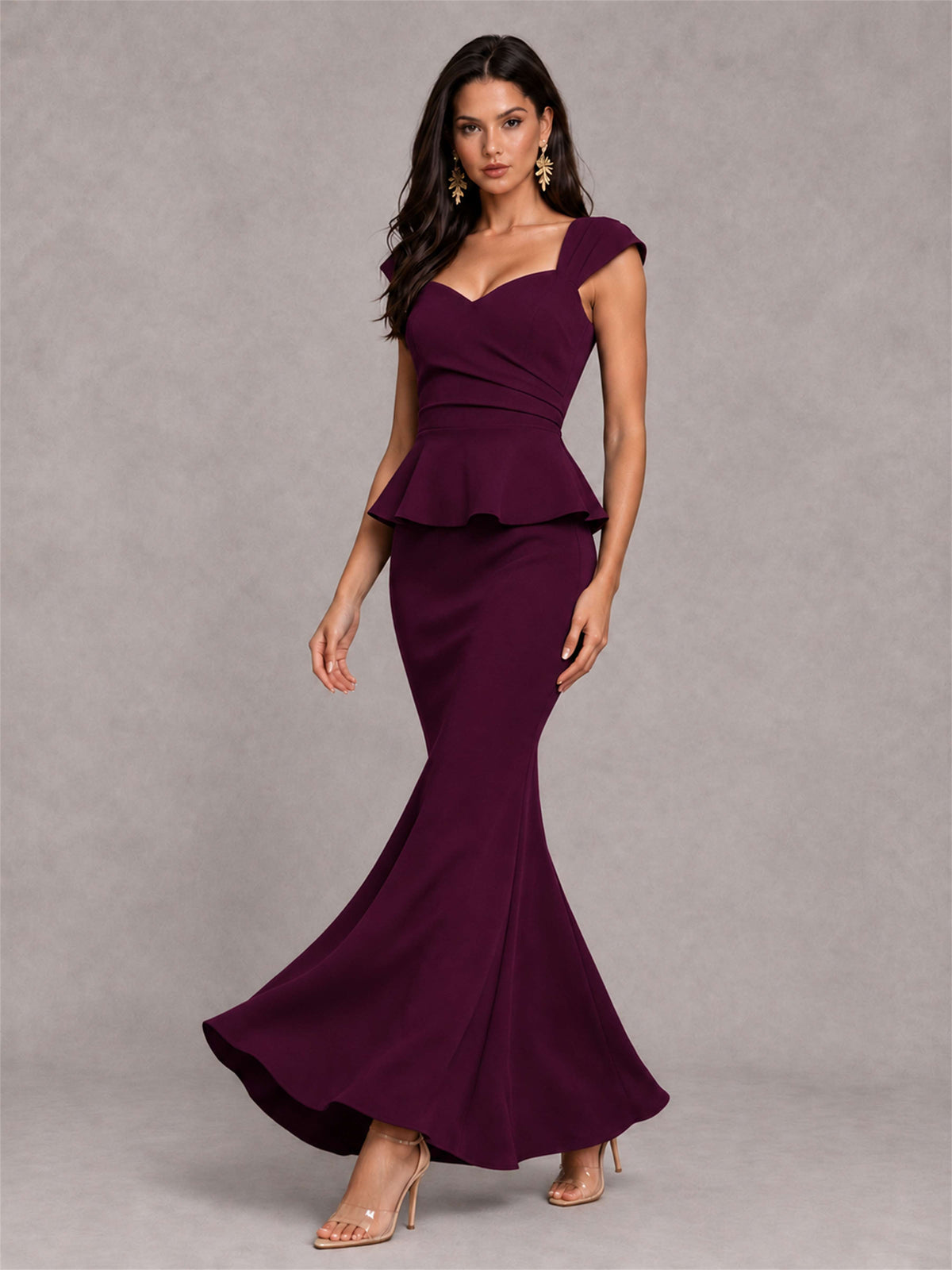V-Neck Mermaid Satin Ruched Cap Sleeve Pleated Evening Dress