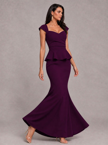 V-Neck Mermaid Satin Ruched Cap Sleeve Pleated Evening Dress