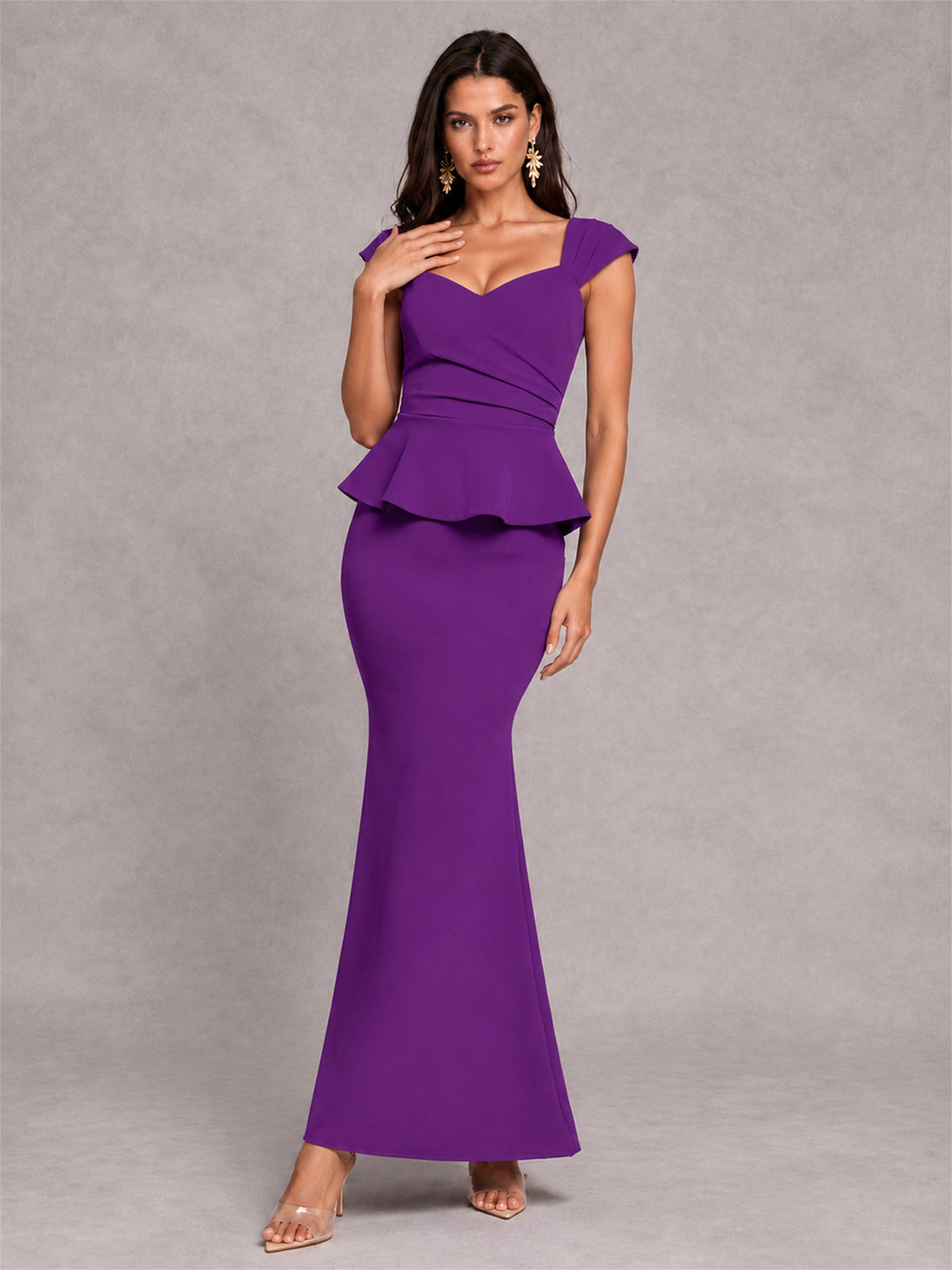 V-Neck Mermaid Satin Ruched Cap Sleeve Pleated Evening Dress