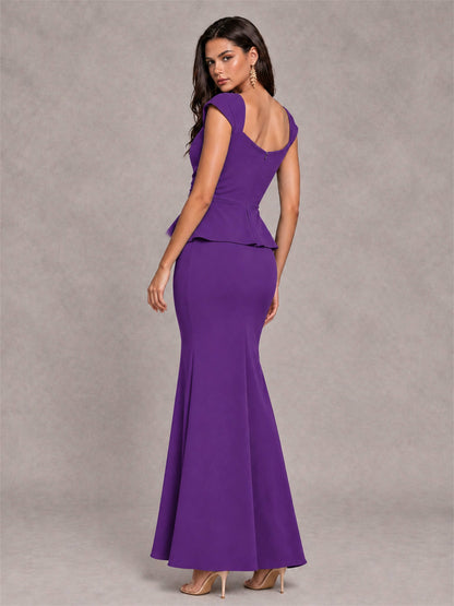 V-Neck Mermaid Satin Ruched Cap Sleeve Pleated Evening Dress