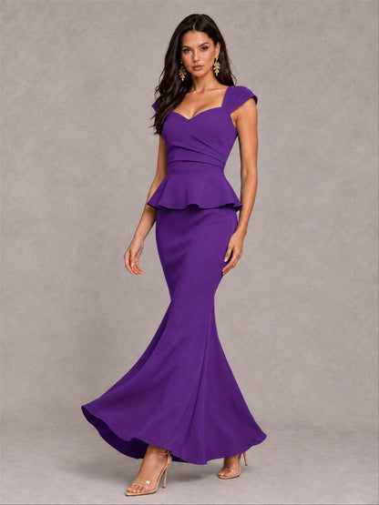 V-Neck Mermaid Satin Ruched Cap Sleeve Pleated Evening Dress