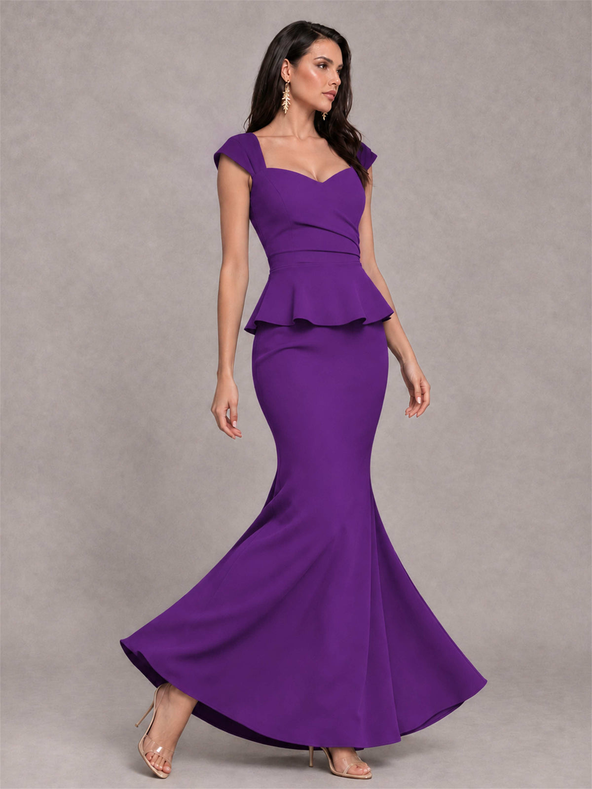 V-Neck Mermaid Satin Ruched Cap Sleeve Pleated Evening Dress
