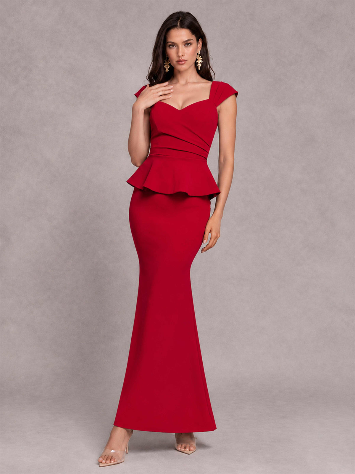 V-Neck Mermaid Satin Ruched Cap Sleeve Pleated Evening Dress