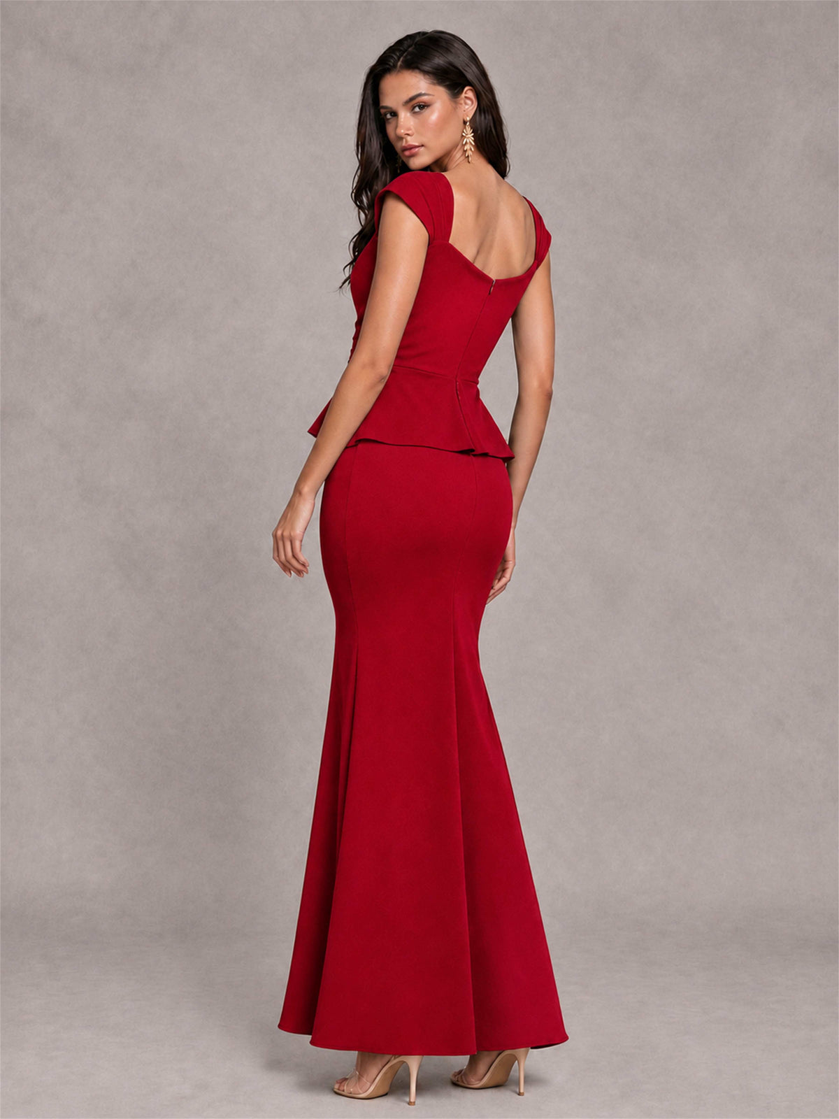 V-Neck Mermaid Satin Ruched Cap Sleeve Pleated Evening Dress