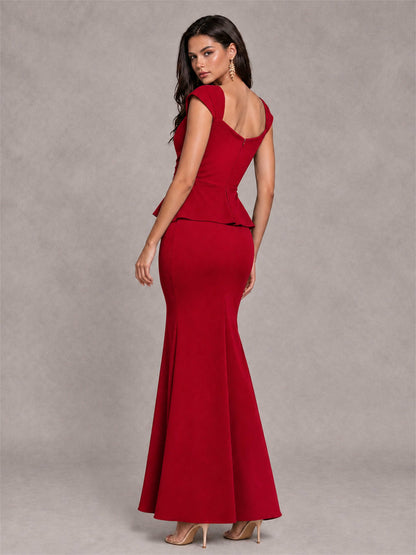 V-Neck Mermaid Satin Ruched Cap Sleeve Pleated Evening Dress