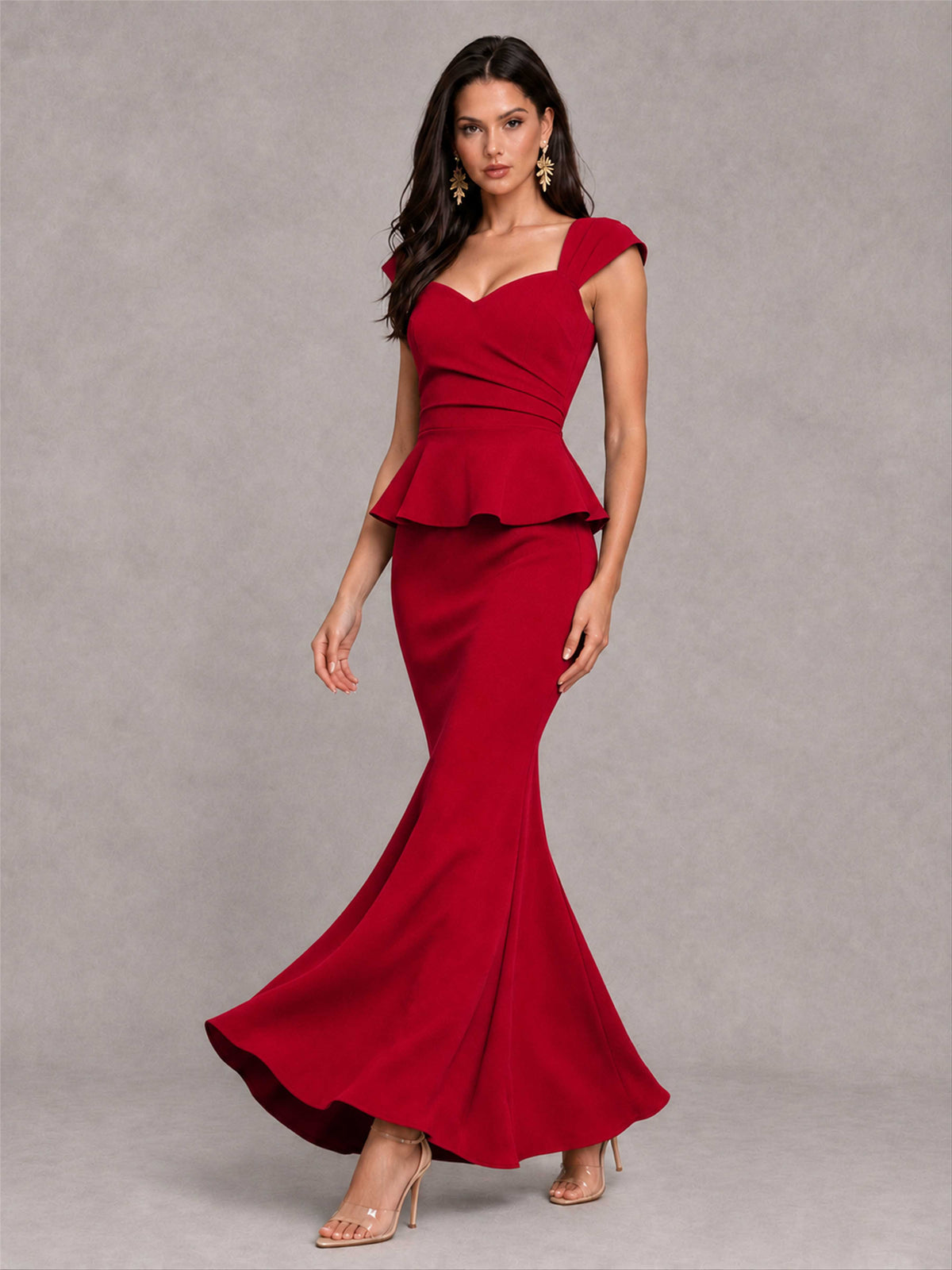 V-Neck Mermaid Satin Ruched Cap Sleeve Pleated Evening Dress
