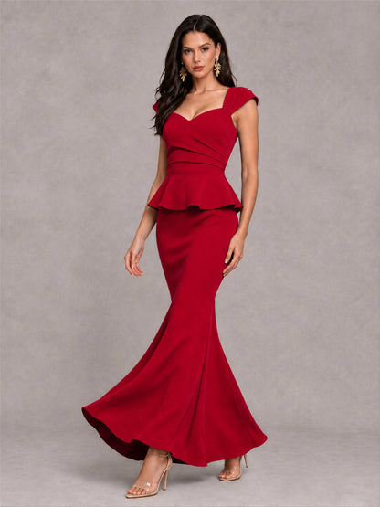 V-Neck Mermaid Satin Ruched Cap Sleeve Pleated Evening Dress