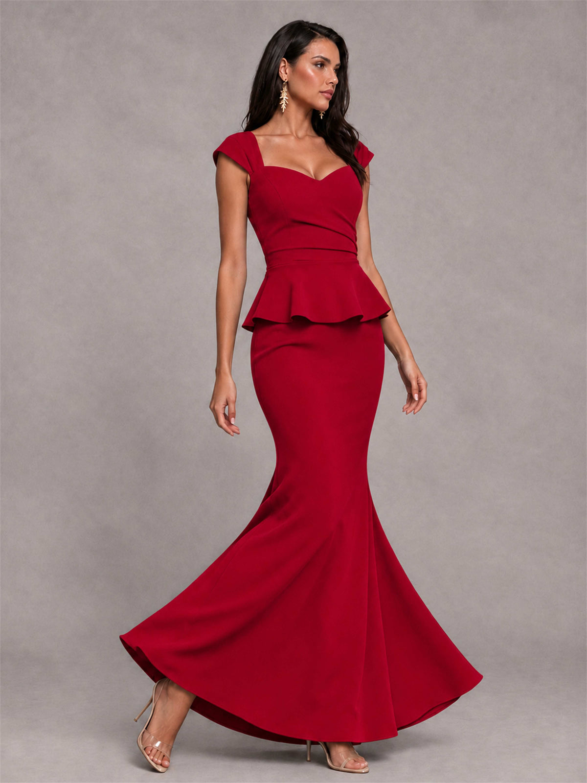 V-Neck Mermaid Satin Ruched Cap Sleeve Pleated Evening Dress