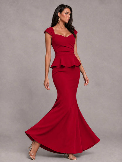 V-Neck Mermaid Satin Ruched Cap Sleeve Pleated Evening Dress