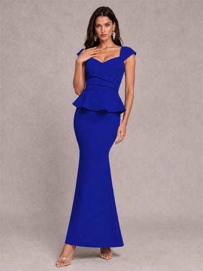 V-Neck Mermaid Satin Ruched Cap Sleeve Pleated Evening Dress