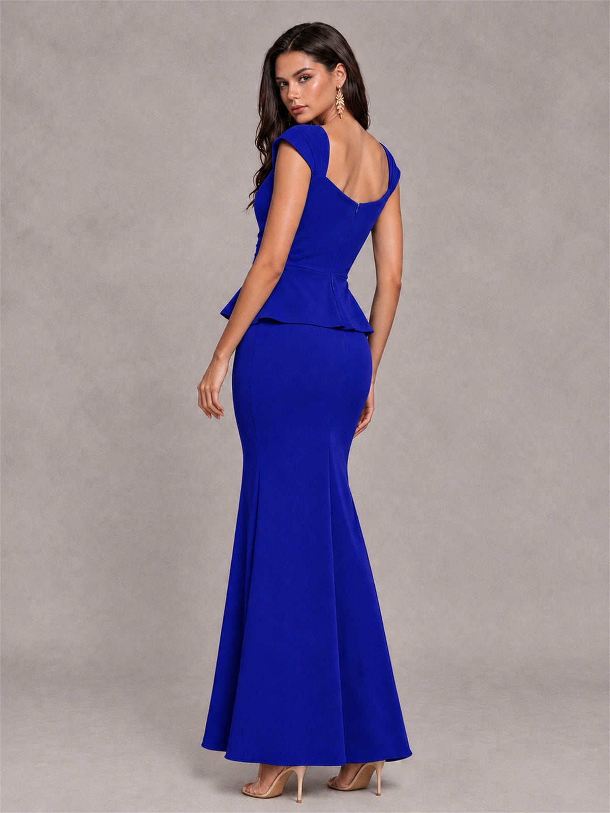 V-Neck Mermaid Satin Ruched Cap Sleeve Pleated Evening Dress