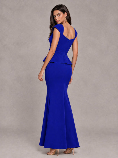 V-Neck Mermaid Satin Ruched Cap Sleeve Pleated Evening Dress