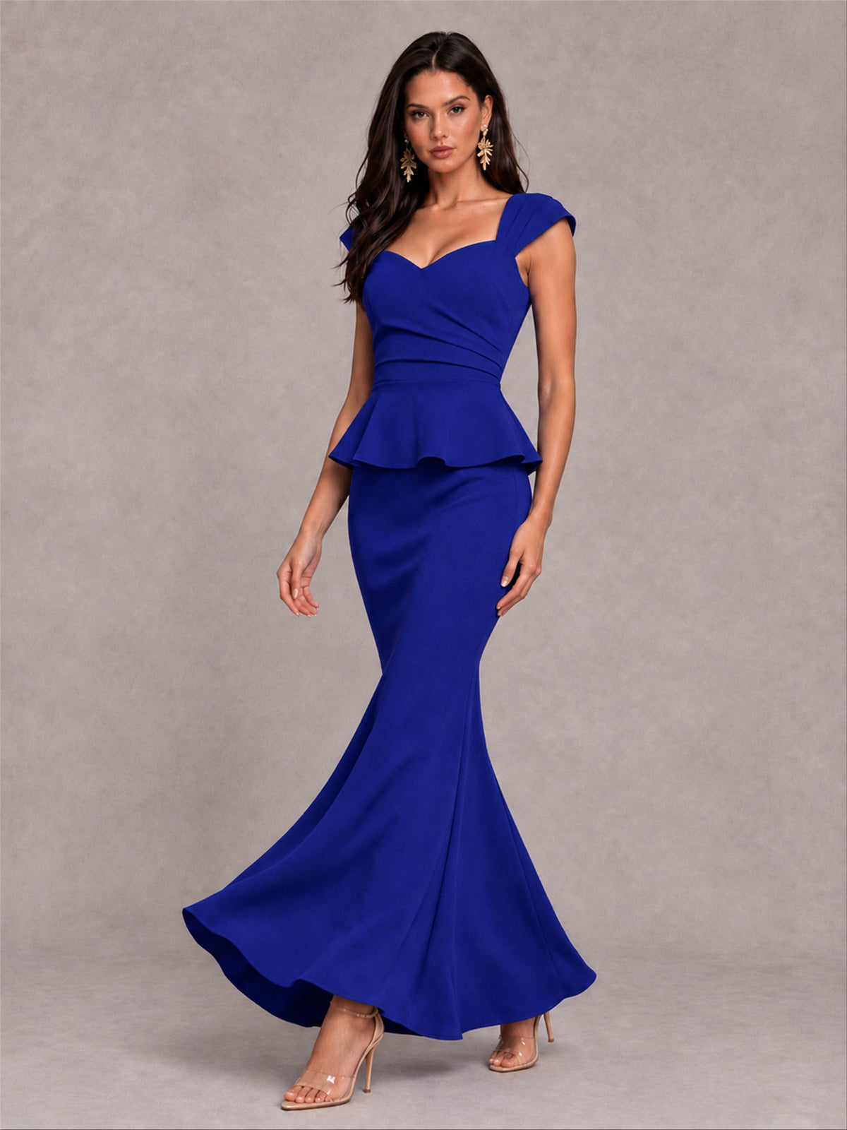 V-Neck Mermaid Satin Ruched Cap Sleeve Pleated Evening Dress