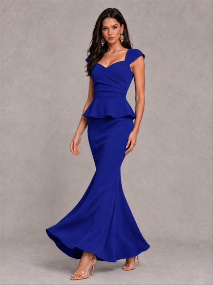 V-Neck Mermaid Satin Ruched Cap Sleeve Pleated Evening Dress