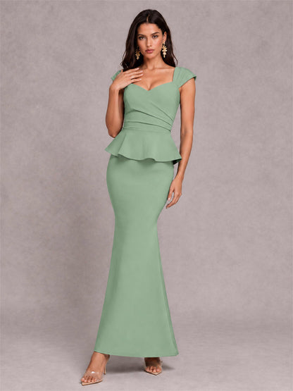 V-Neck Mermaid Satin Ruched Cap Sleeve Pleated Evening Dress