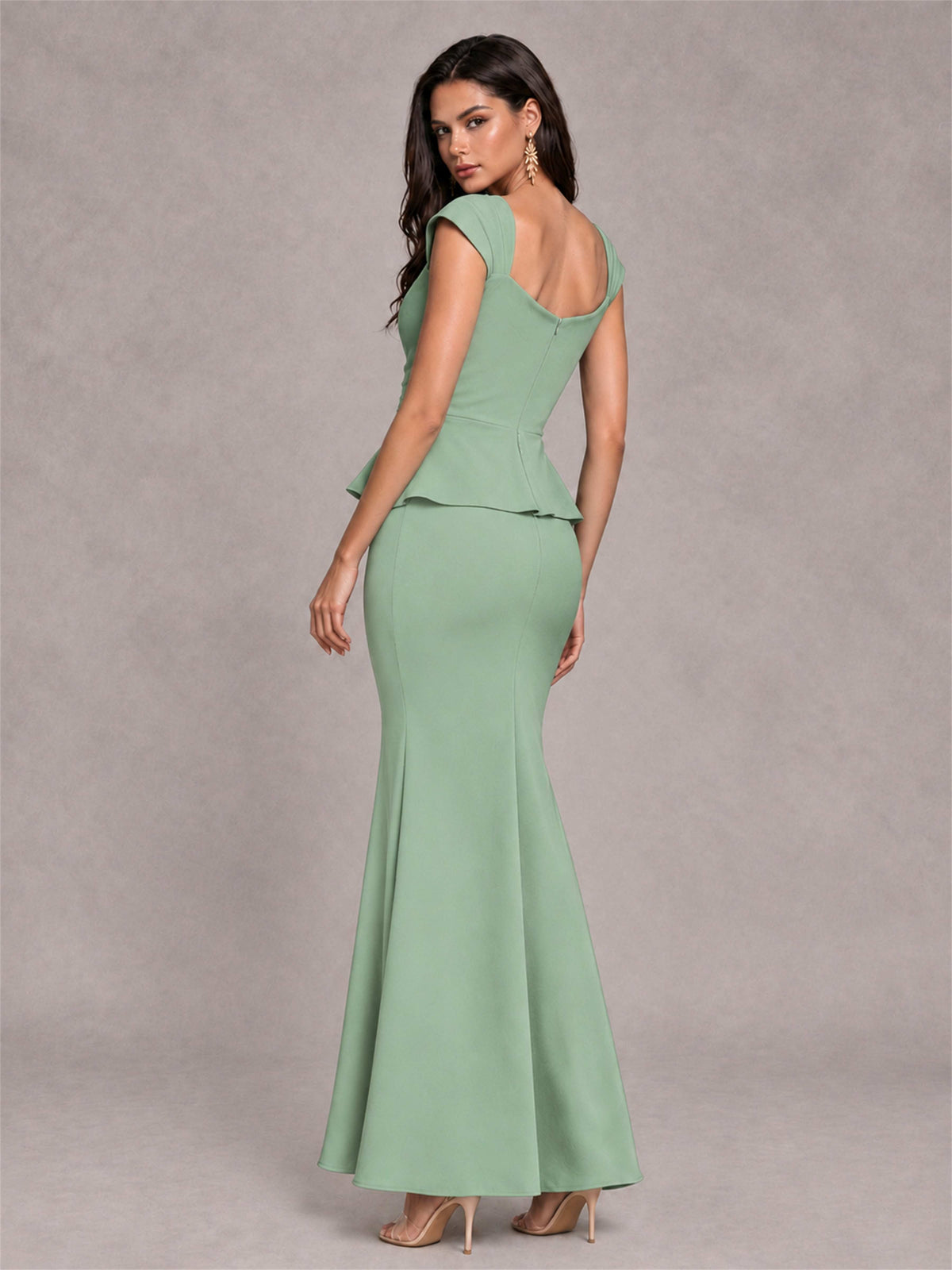 V-Neck Mermaid Satin Ruched Cap Sleeve Pleated Evening Dress