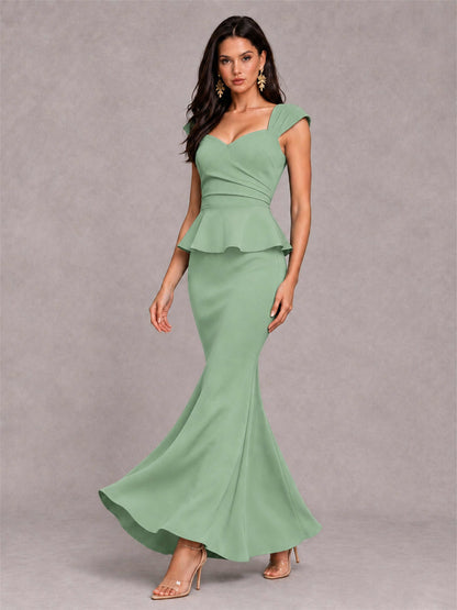 V-Neck Mermaid Satin Ruched Cap Sleeve Pleated Evening Dress