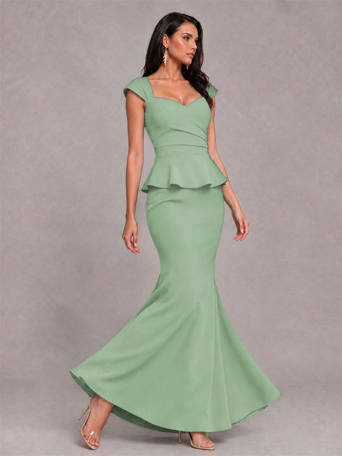 V-Neck Mermaid Satin Ruched Cap Sleeve Pleated Evening Dress
