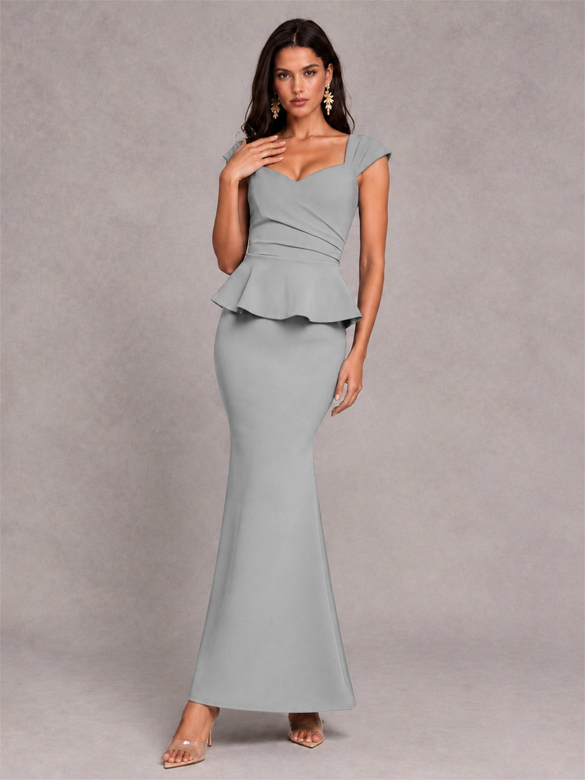 V-Neck Mermaid Satin Ruched Cap Sleeve Pleated Evening Dress