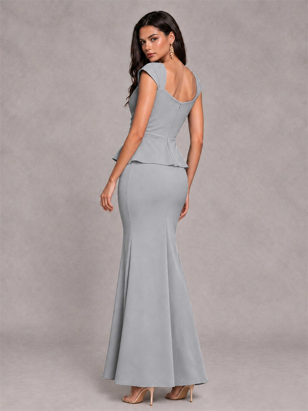 V-Neck Mermaid Satin Ruched Cap Sleeve Pleated Evening Dress
