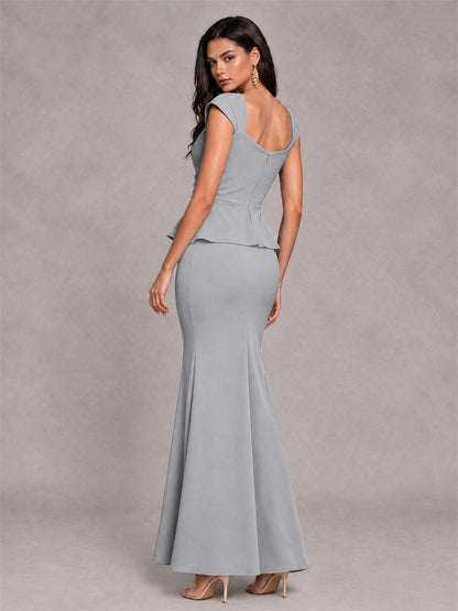 V-Neck Mermaid Satin Ruched Cap Sleeve Pleated Evening Dress