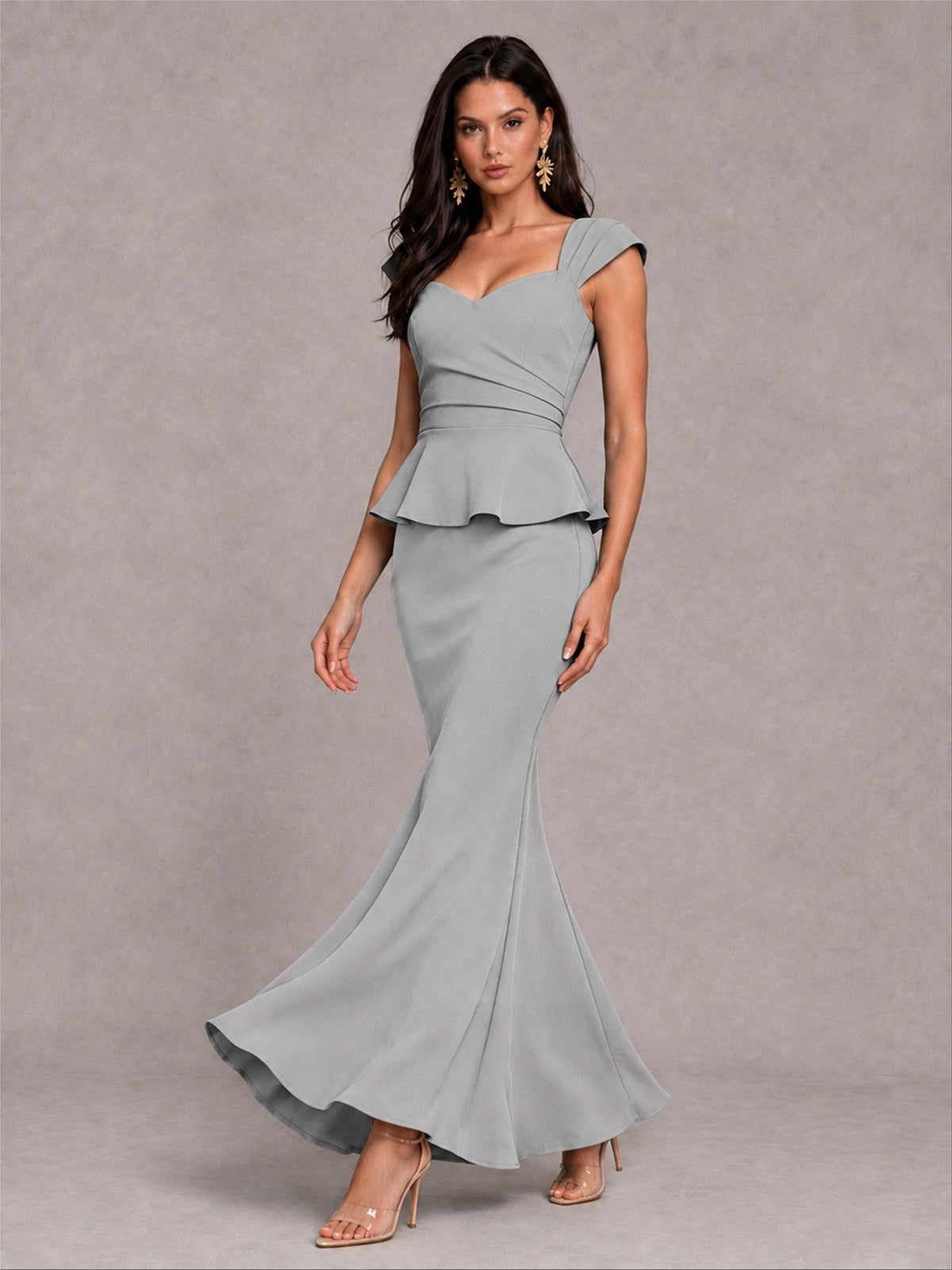 V-Neck Mermaid Satin Ruched Cap Sleeve Pleated Evening Dress