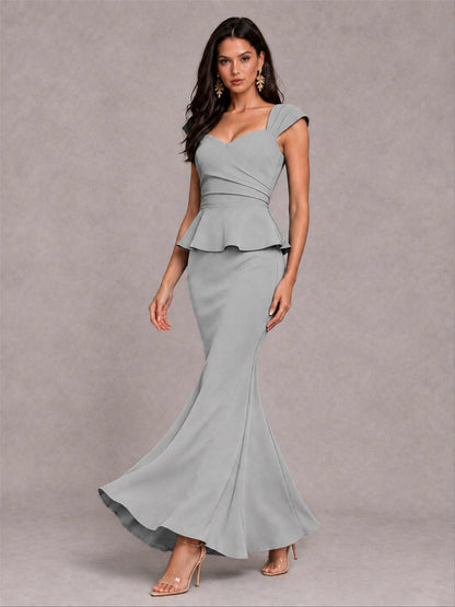V-Neck Mermaid Satin Ruched Cap Sleeve Pleated Evening Dress