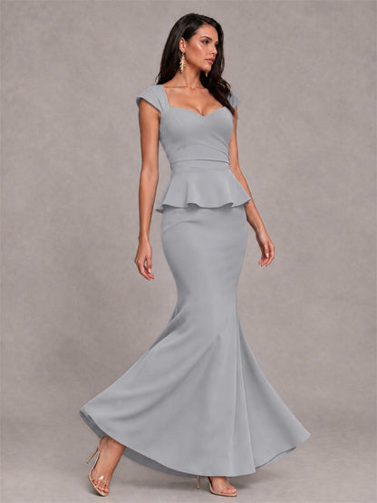 V-Neck Mermaid Satin Ruched Cap Sleeve Pleated Evening Dress