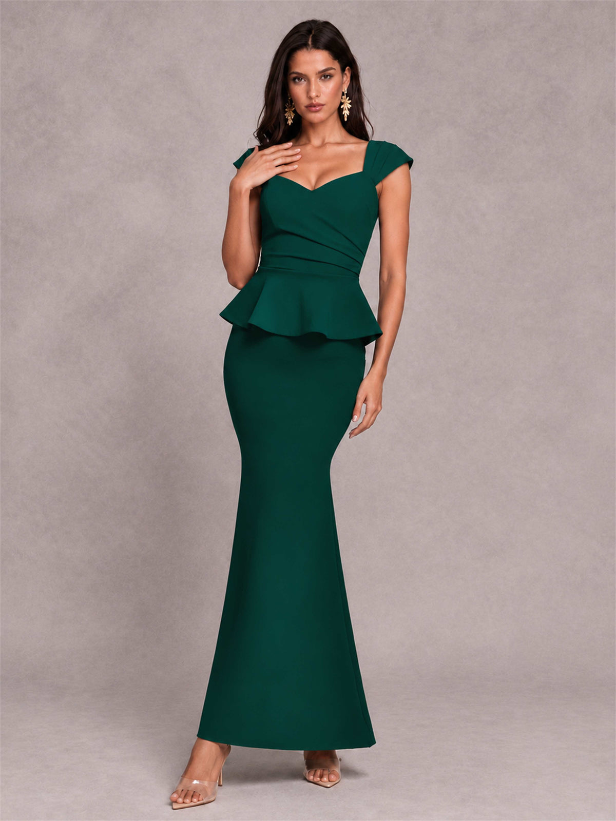 V-Neck Mermaid Satin Ruched Cap Sleeve Pleated Evening Dress
