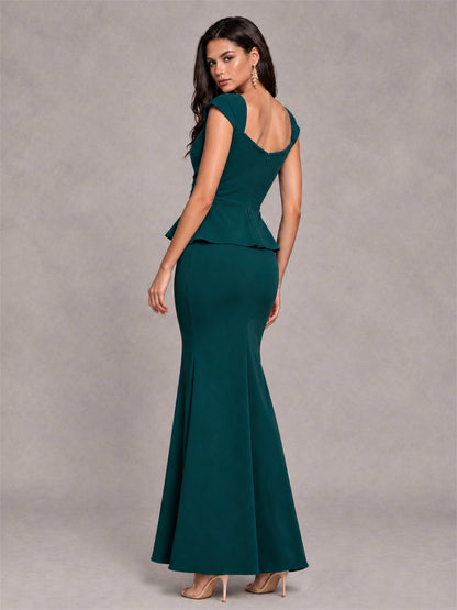 V-Neck Mermaid Satin Ruched Cap Sleeve Pleated Evening Dress