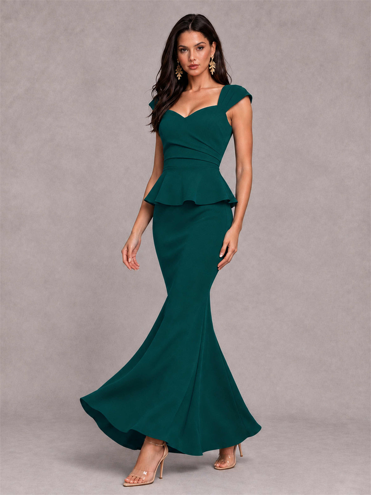 V-Neck Mermaid Satin Ruched Cap Sleeve Pleated Evening Dress