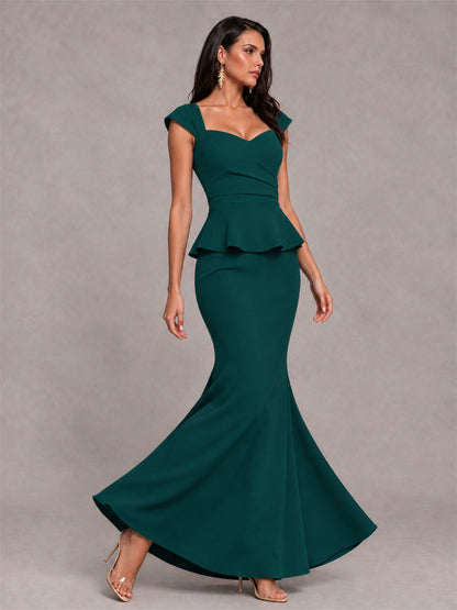 V-Neck Mermaid Satin Ruched Cap Sleeve Pleated Evening Dress