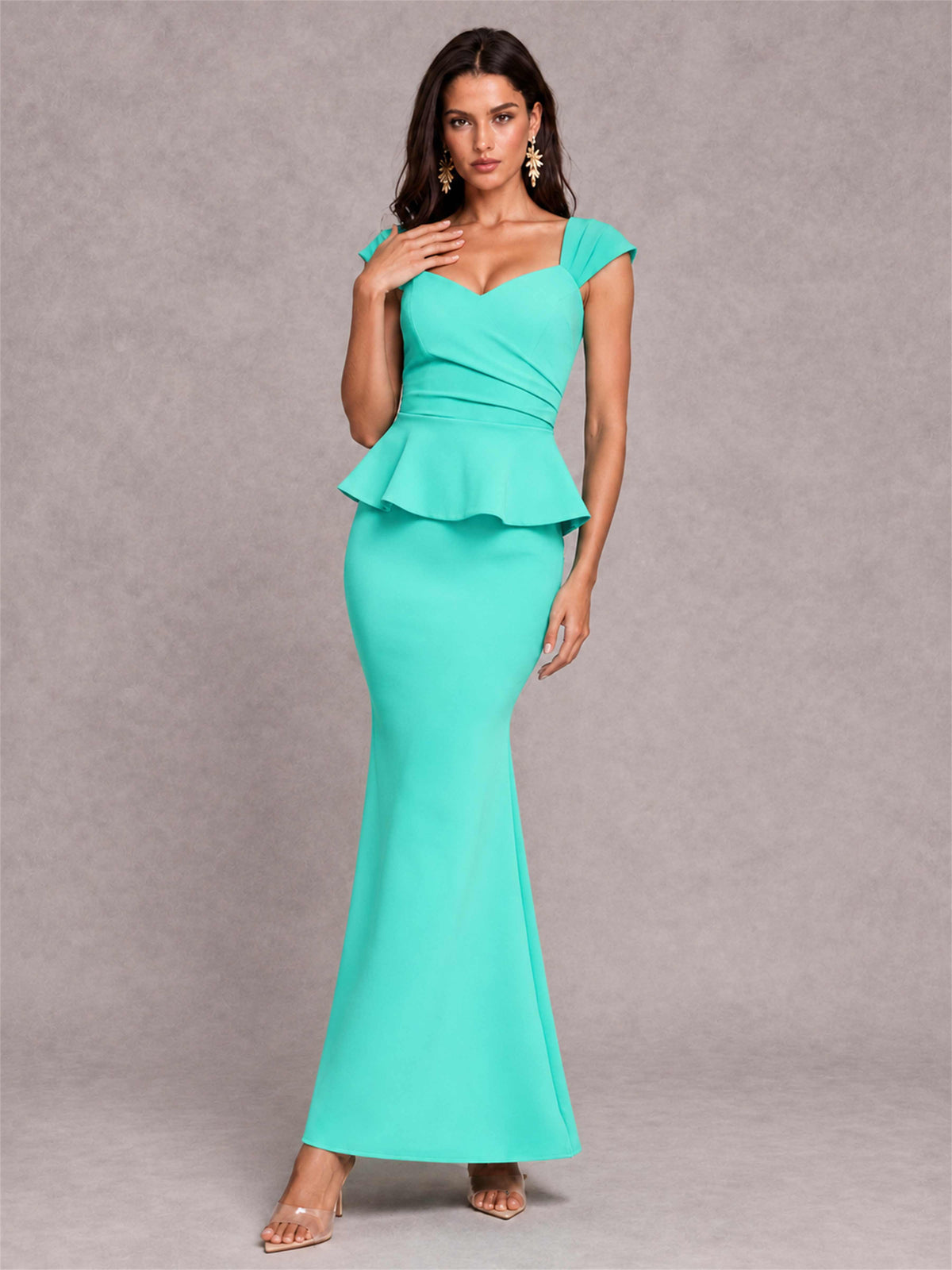 V-Neck Mermaid Satin Ruched Cap Sleeve Pleated Evening Dress