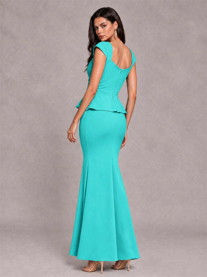 V-Neck Mermaid Satin Ruched Cap Sleeve Pleated Evening Dress