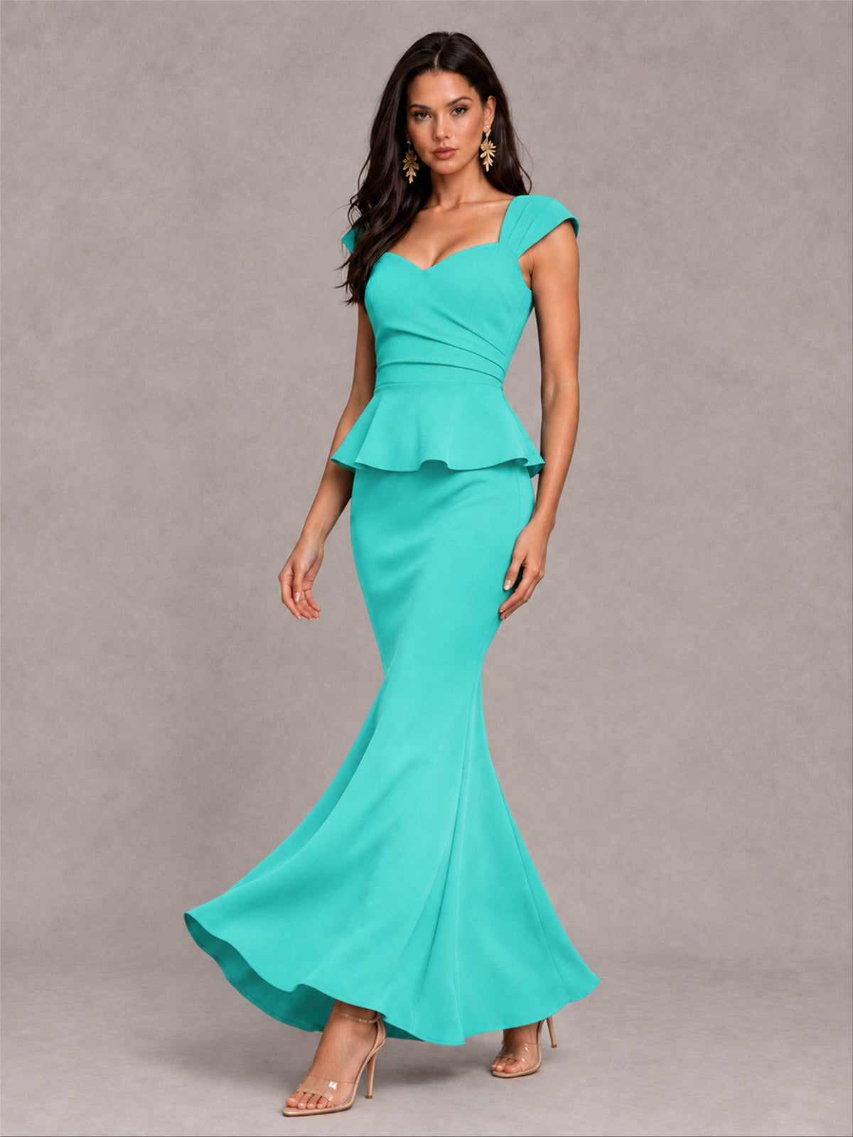 V-Neck Mermaid Satin Ruched Cap Sleeve Pleated Evening Dress
