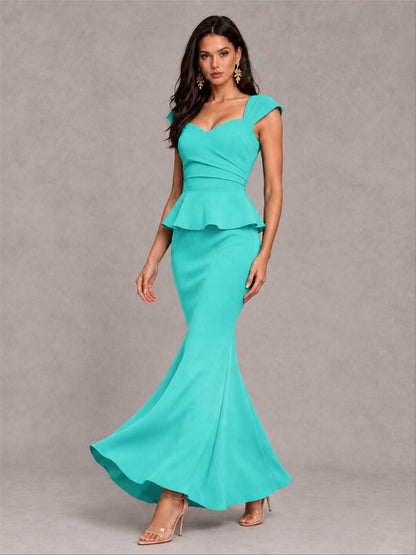 V-Neck Mermaid Satin Ruched Cap Sleeve Pleated Evening Dress