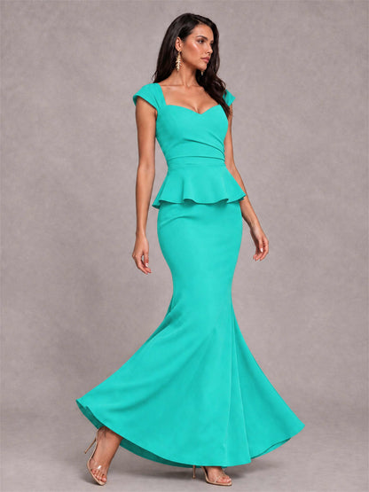 V-Neck Mermaid Satin Ruched Cap Sleeve Pleated Evening Dress