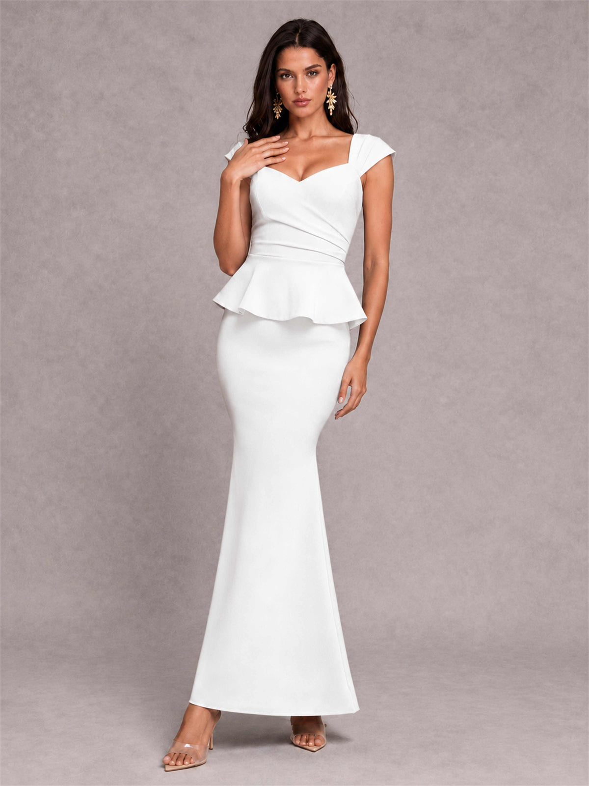 V-Neck Mermaid Satin Ruched Cap Sleeve Pleated Evening Dress