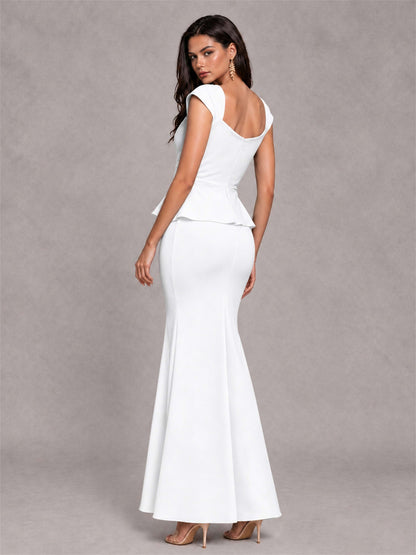 V-Neck Mermaid Satin Ruched Cap Sleeve Pleated Evening Dress