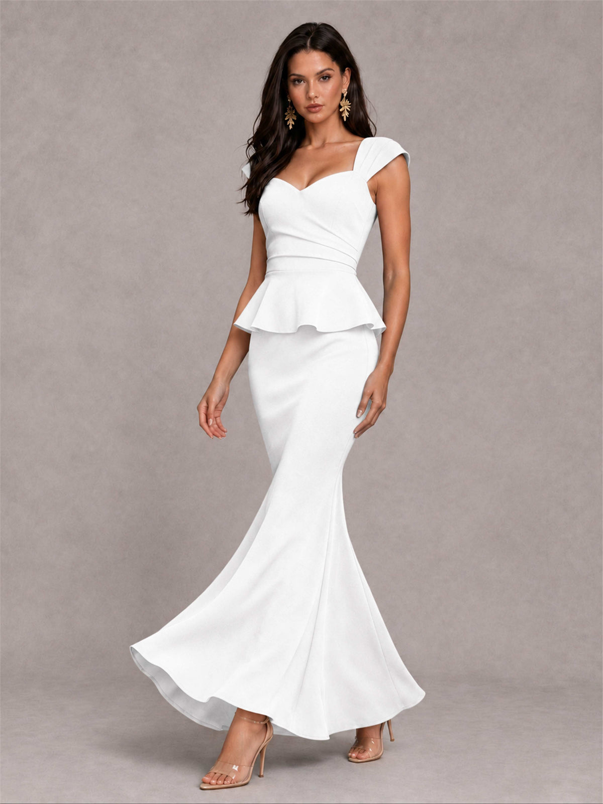 V-Neck Mermaid Satin Ruched Cap Sleeve Pleated Evening Dress