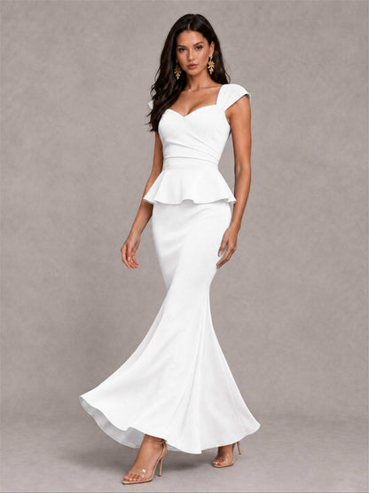 V-Neck Mermaid Satin Ruched Cap Sleeve Pleated Evening Dress