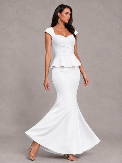 V-Neck Mermaid Satin Ruched Cap Sleeve Pleated Evening Dress