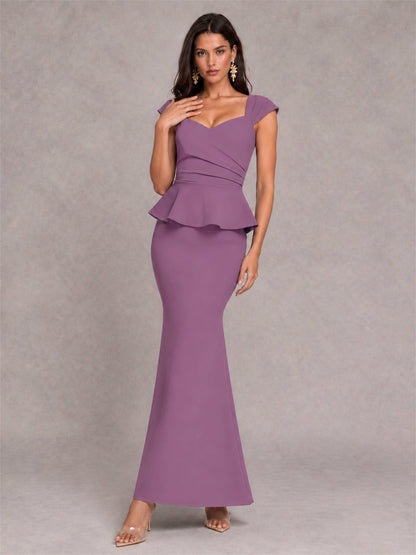 V-Neck Mermaid Satin Ruched Cap Sleeve Pleated Evening Dress