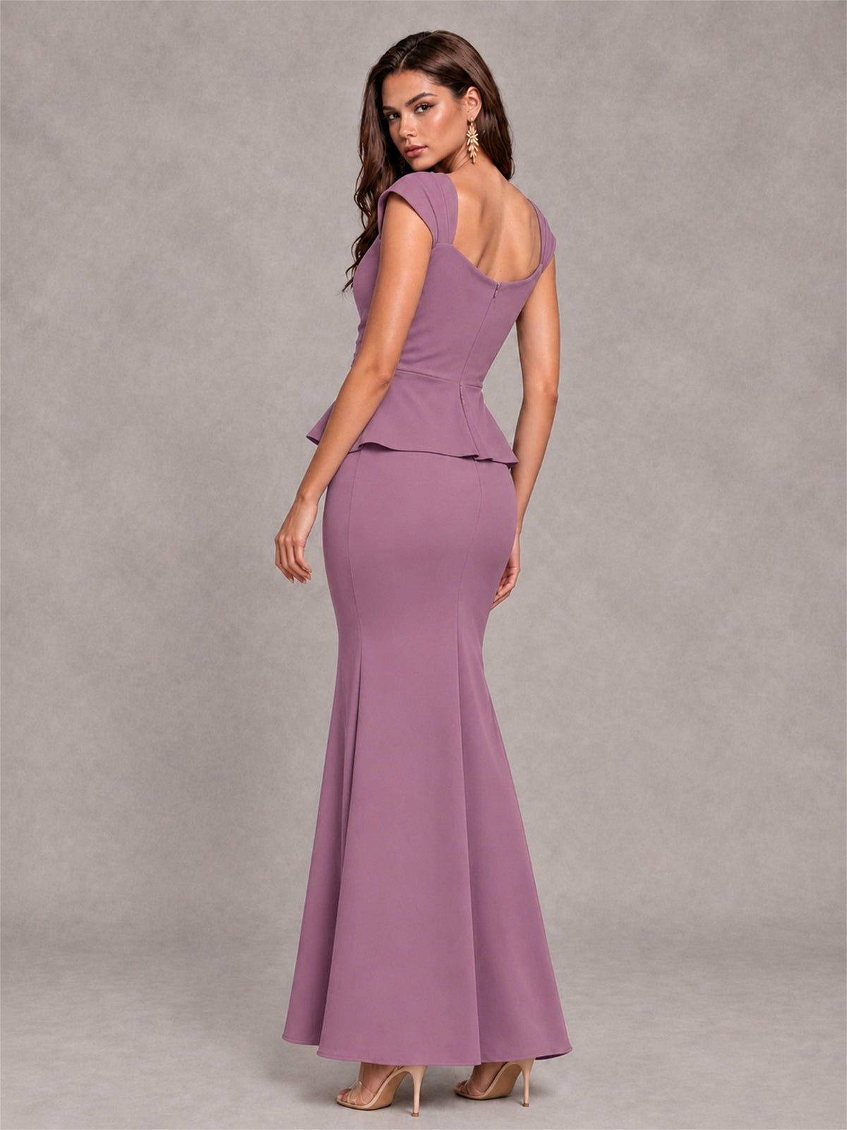 V-Neck Mermaid Satin Ruched Cap Sleeve Pleated Evening Dress