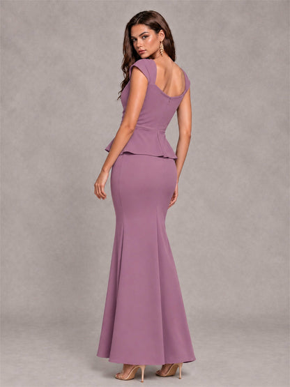V-Neck Mermaid Satin Ruched Cap Sleeve Pleated Evening Dress