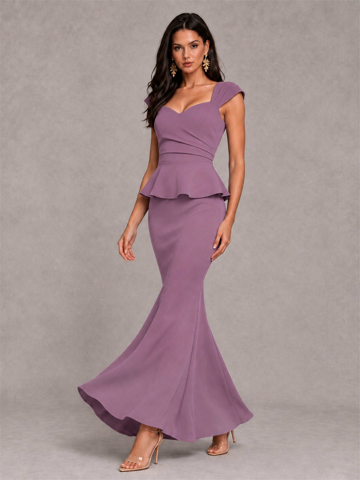 V-Neck Mermaid Satin Ruched Cap Sleeve Pleated Evening Dress