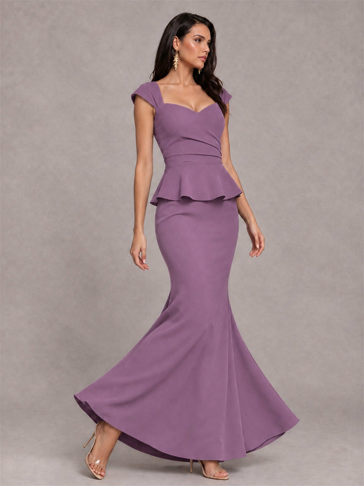 V-Neck Mermaid Satin Ruched Cap Sleeve Pleated Evening Dress